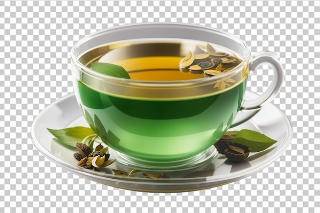 Taça de chá com folhas de chá frescas em um prato de fundo transparente png