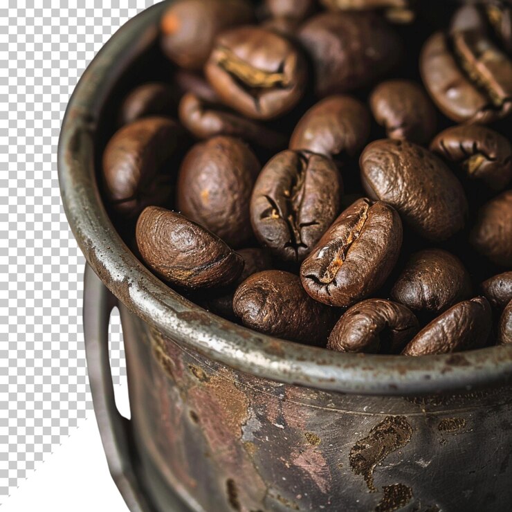 PSD taça de grãos de café latte em saco de café de pecan isolado em fundo transparente