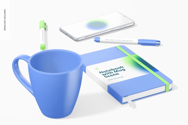 Taccuino con mockup di tazza, vista frontale