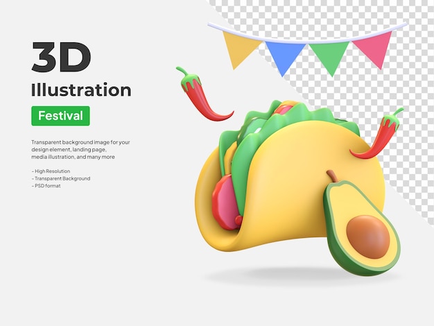 PSD taco y aguacate comida mexicana 3d ilustración render