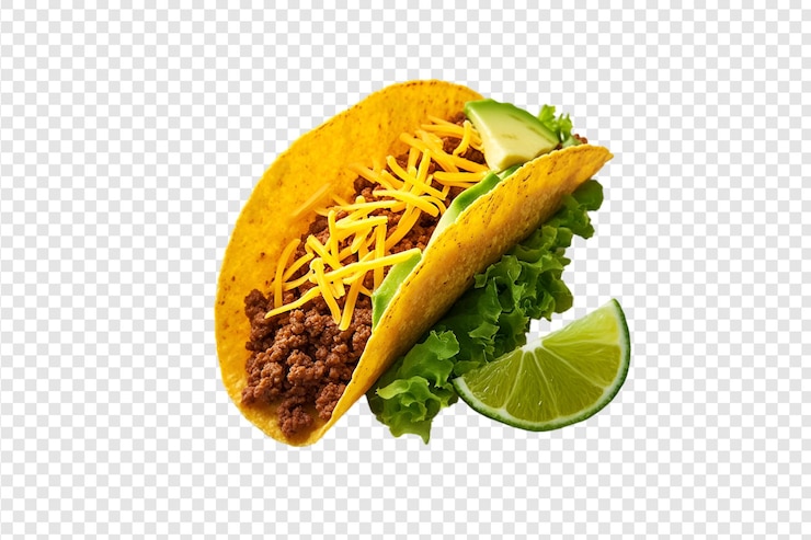 PSD taco de carne de res con lechuga de queso de aguacate y lima aislados sobre un fondo transparente