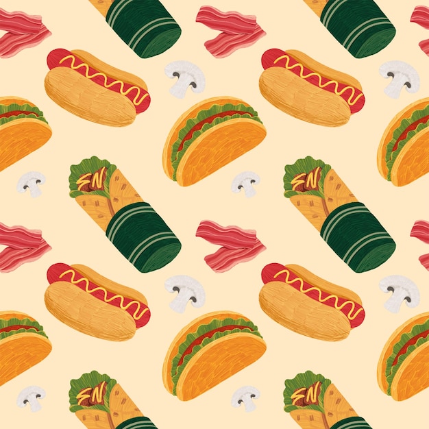 Taco senza cuciture e avvolgimento di pollo con bacon e pattern di funghi