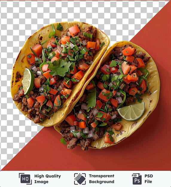 PSD tacos de bœuf surmontés de carottes tranchées et servis sur une tortilla accompagnée d'un citron