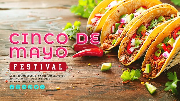 PSD tacos deliciosos decorados em cinco de maio fundo de celebração para bandeira ou cartaz