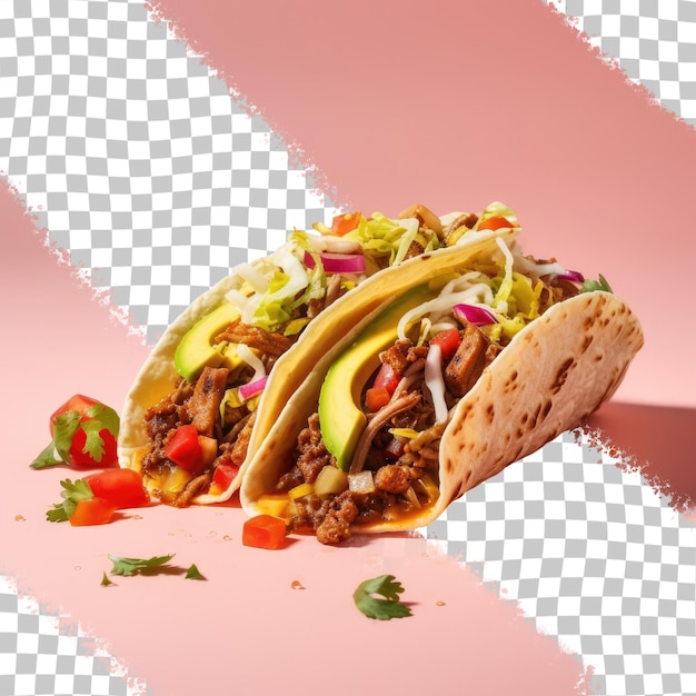 Tacos estilo mexicano que contienen verduras de carne y un fondo transparente