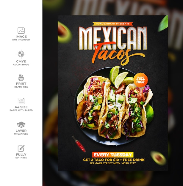 PSD tacos-flyer, mexikanisches essen, instagram-beitragsvorlage