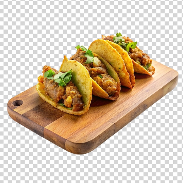 Tacos fritos em tabuleiro de corte isolados em fundo transparente