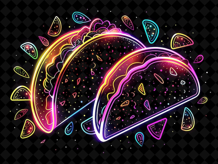 PSD tacos illuminati luminosi taco conchiglie galleggianti e rotanti colore neon alimento bevanda collezione y2k