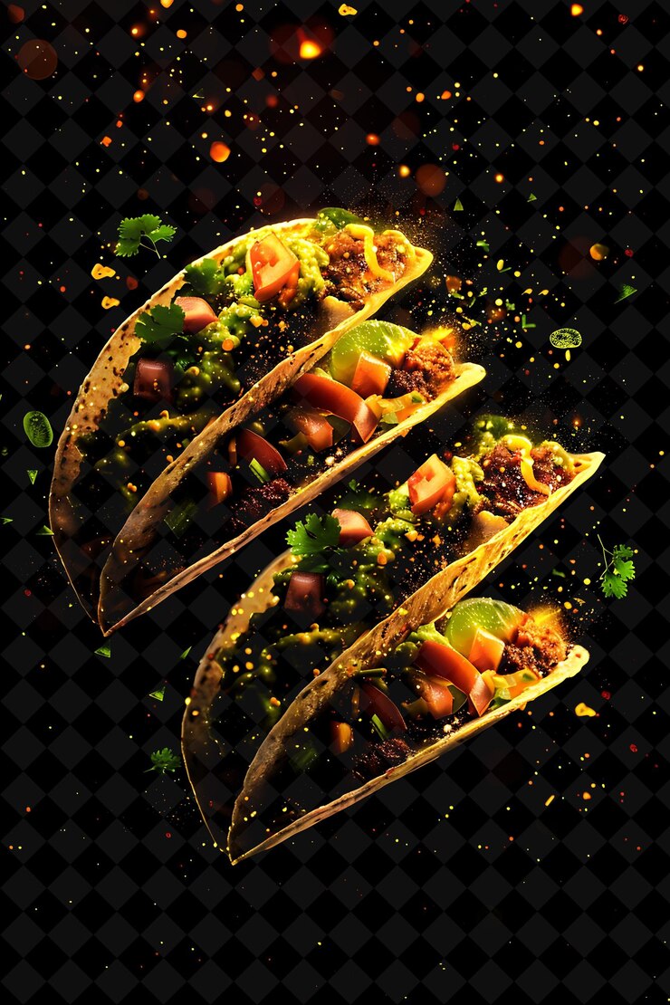 PSD tacos iluminados luminosos con cascada de guacamole y color de neón mixi comida bebida colección y2k