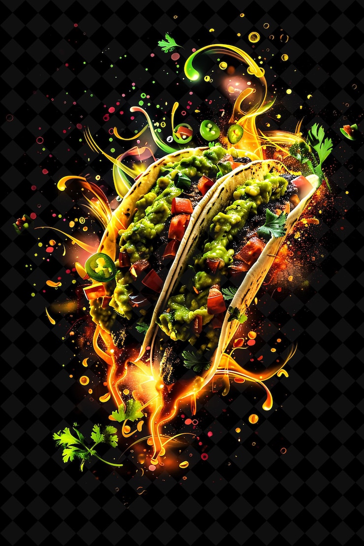 PSD tacos iluminados luminosos com cascata de guacamole e mixi neon color food drink y2k collection