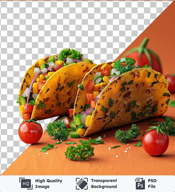 PSD tacos de légumes transparents surmontés de tomates rouges et de brocoli vert sur une table orange