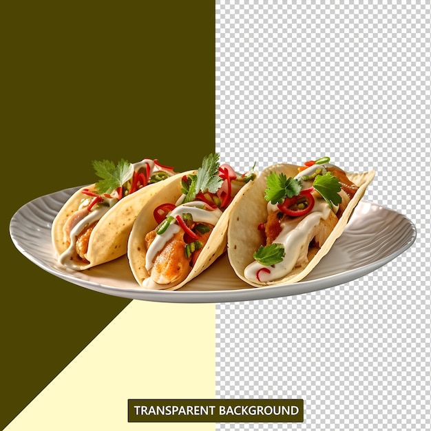 Tacos con salsa hermosa en un plato para servir delicioso y cálido fondo transparente