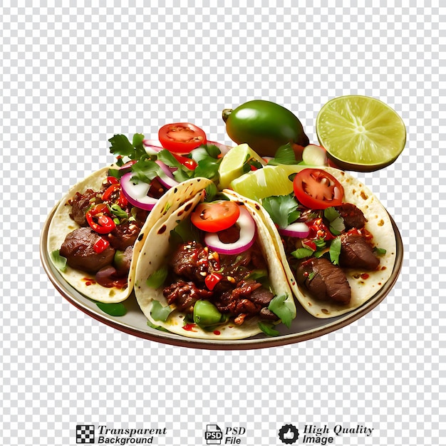 PSD tacos avec des tomates de bœuf, du piment d'avocat et des oignons sur un fond transparent