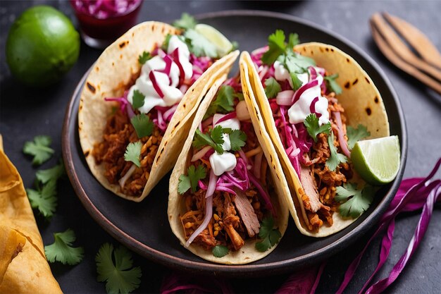 Tacos tradicionais mexicanos com suculentas carnitas