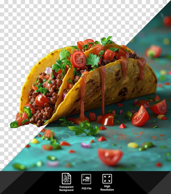 PSD tacos únicos calientes y picantes coronados con un tomate rojo y servidos en una mesa verde con un palo de madera png