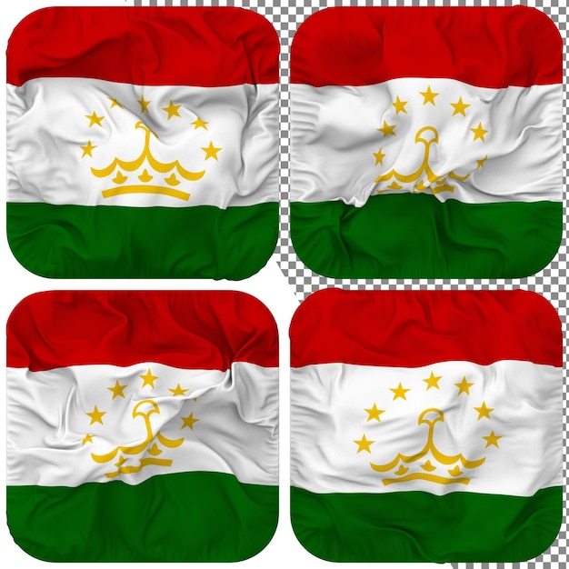 PSD tadschikistan-flagge, knappenform, isoliert, unterschiedlicher wehender stil, bump-textur, 3d-rendering