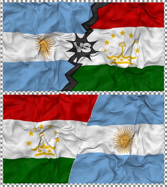 Tadschikistan gegen Argentinien Halbkombinierte Flagge Stoff-Bump-Textur 3D-Rendering