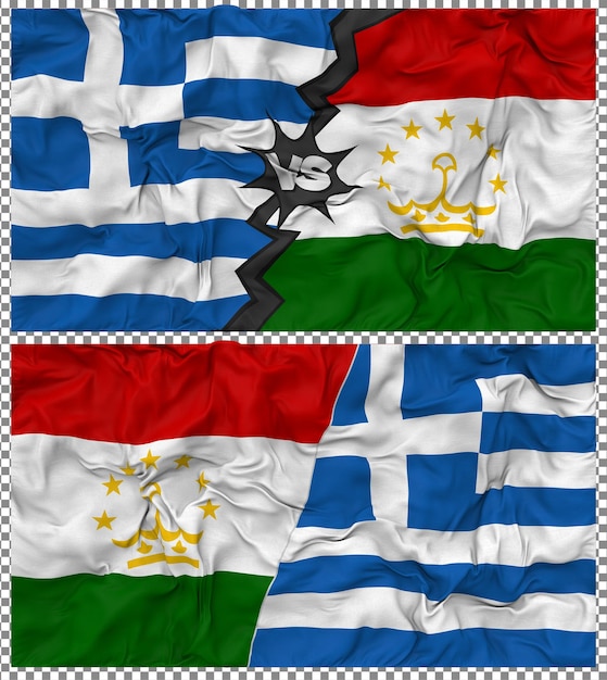 Tadschikistan gegen Griechenland Halbkombinierte Flagge Stoff-Bump-Textur 3D-Rendering