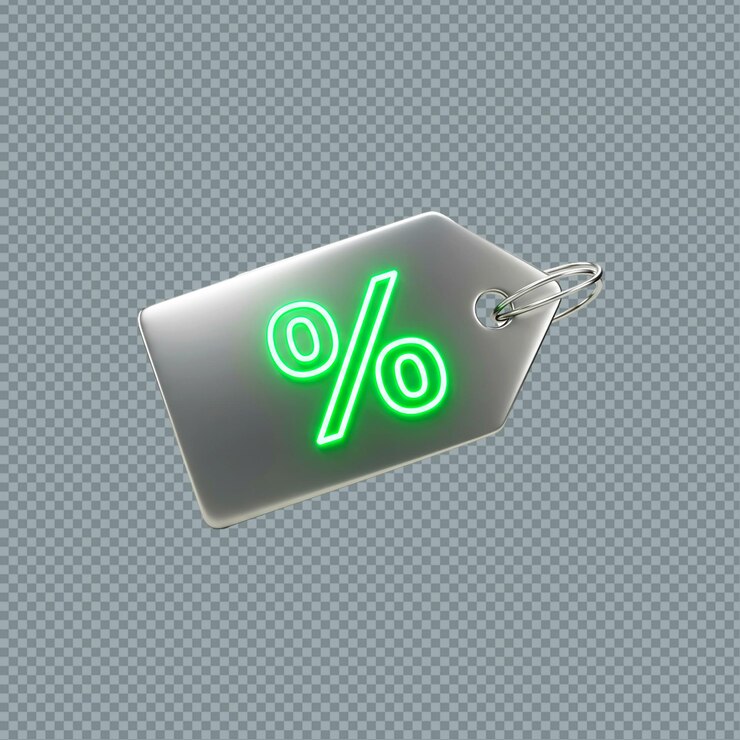 PSD tag argento lucido con un segno percentuale al neon verde su uno sfondo trasparente png