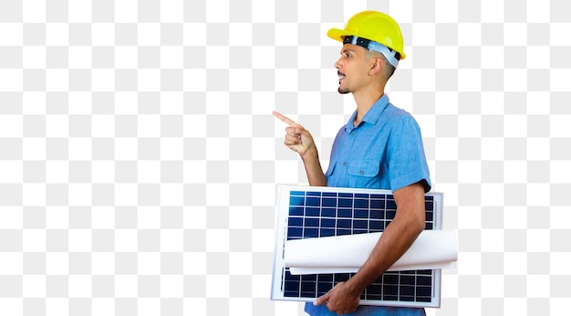 PSD tag der ingenieure schwarzer mann mit schutzhelm und blauem hemd isoliert ingenieur mit photovoltaik-solarpanel