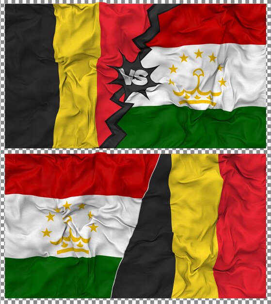 Tagikistan contro Belgio Mezz'Unione di bandiere tessuto Bump Texture Rendering 3D