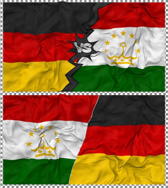 Tagikistan contro Germania Mezz'Unione di bandiere tessuto Bump Texture Rendering 3D