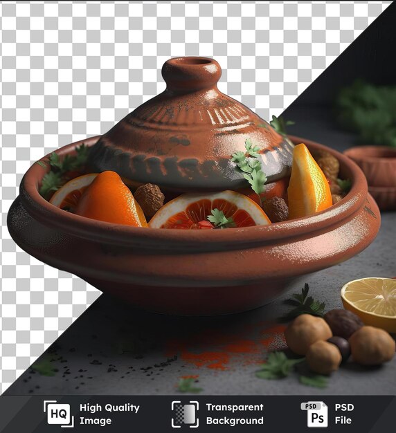 PSD tagine marocaine savoureuse servie dans un bol sur une table grise accompagnée d'oranges tranchées et d'un citron