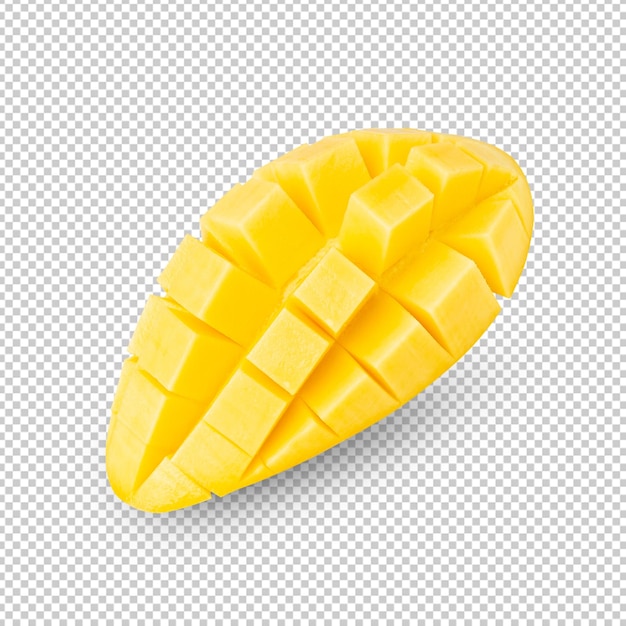 Taglio di fette di mango giallo a tutta profondità di campo