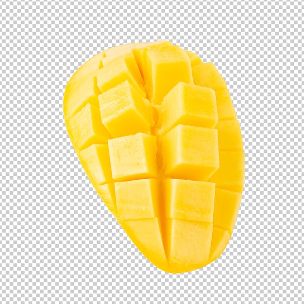 Taglio di fette di mango giallo a tutta profondità di campo