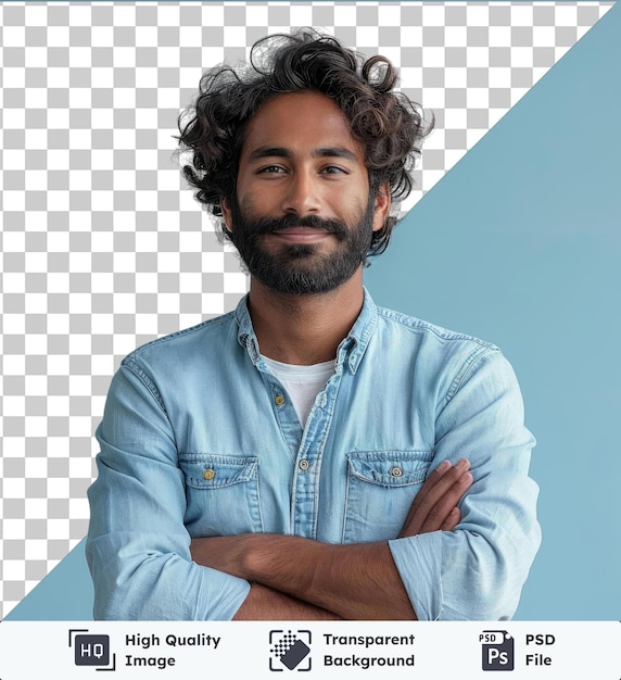 PSD taille pleine longueur du corps confiant heureux jeune homme indien barbu d'une vingtaine d'années porte une chemise bleue tient les mains croisées portrait de studio personnes émotions lif