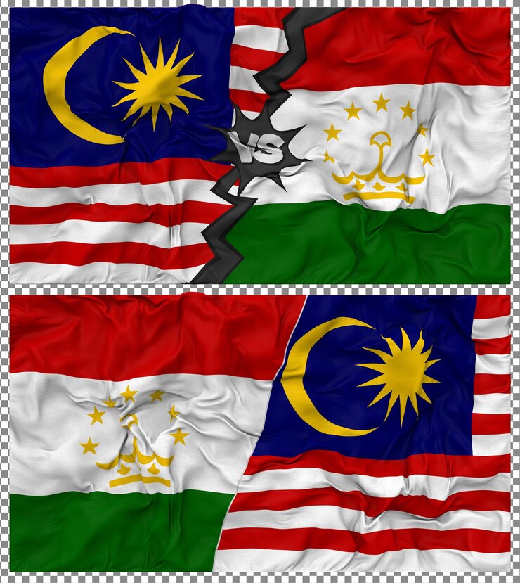 PSD tajikistan vs malaysia half combined flag cloth bump texture 3d rendering