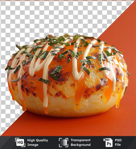 PSD takoyaki haut de gamme surmonté de fromage et de sauce sur un fond orange