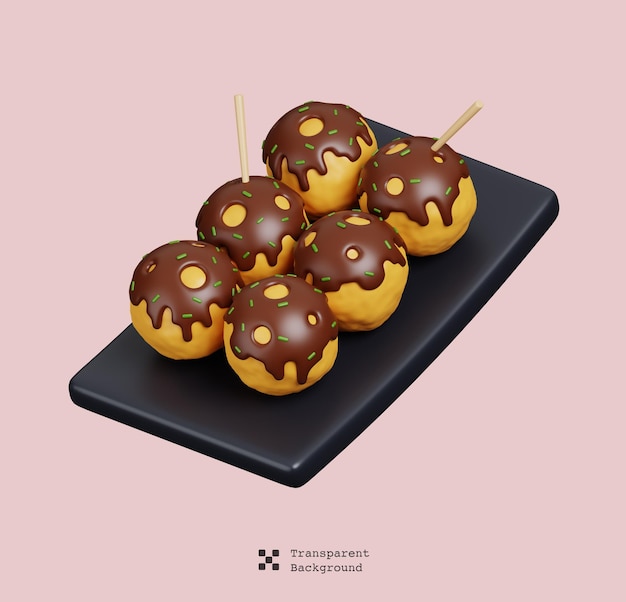 Takoyaki en un tablero de pizarra negra Comida callejera japonesa Icono mínimo de comida japonesa Representación 3D