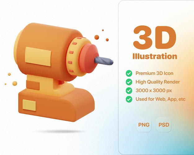 PSD taladro eléctrico 3d representación de ilustración de diseños de icono de herramienta de taladro eléctrico 3d realistas