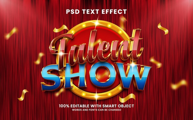 PSD talent show 3d efeito de texto brilhante com placa de cassino e faísca de brilho