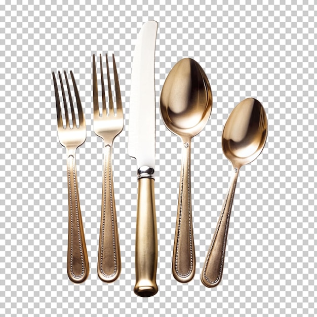 PSD talheres 3d realistas garfos e facas ou colheres objetos metálicos isolados para configuração de mesa em fundo transparente vista superior de pratos de prata set pratos vetoriais de aço inoxidável