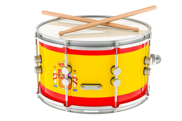 PSD tambor de marcha com bandeira espanhola tambor de armadilha com baquetas renderização 3d isolado em fundo transparente
