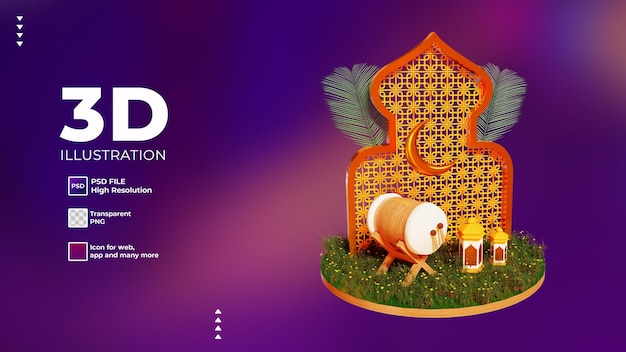 tambor islámico 3d y linterna para el icono de mubarak