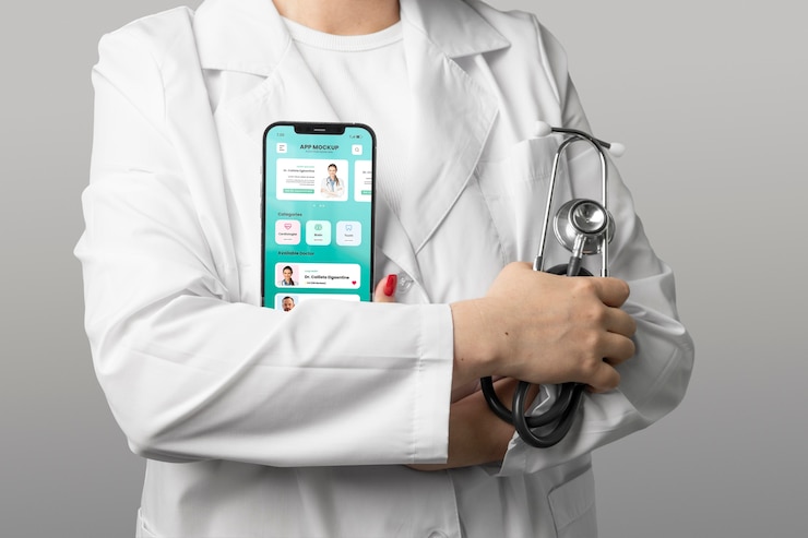 PSD tampilan depan dokter dengan telepon dan stetoskop