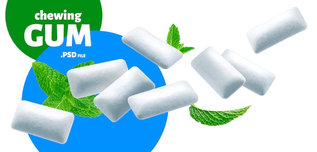 PSD tampons de gomme à mâcher avec bannière de feuilles de menthe