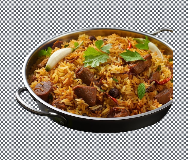 PSD tan delicioso mutton biryani aislado sobre fondo transparente