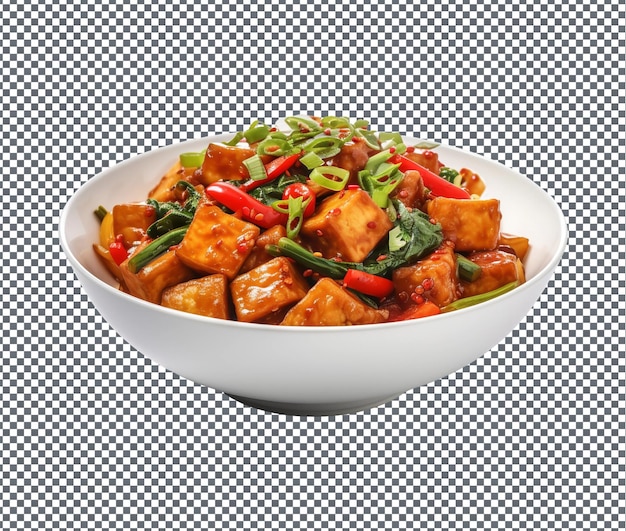 Tan delicioso tofu picante frito aislado sobre un fondo transparente