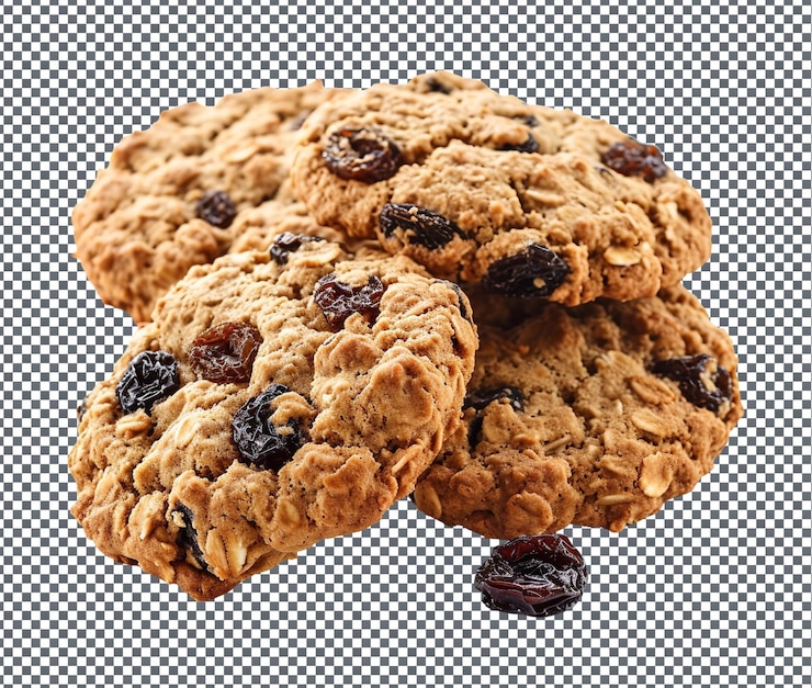 PSD tan dulces galletas de avena y pasas aisladas sobre un fondo transparente