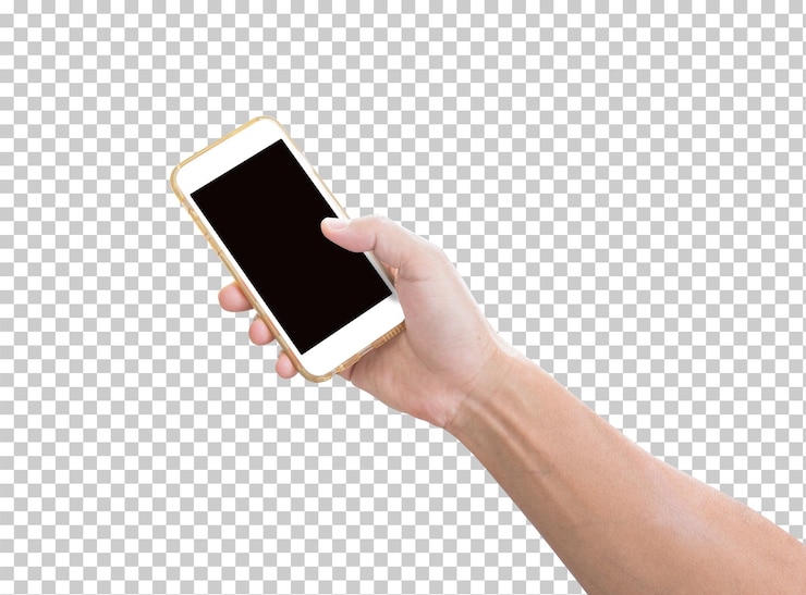 PSD tangan memegang telepon seluler terisolasi