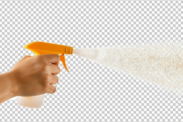 PSD tangan wanita memegang botol semprot terisolasi pada latar belakang transparan