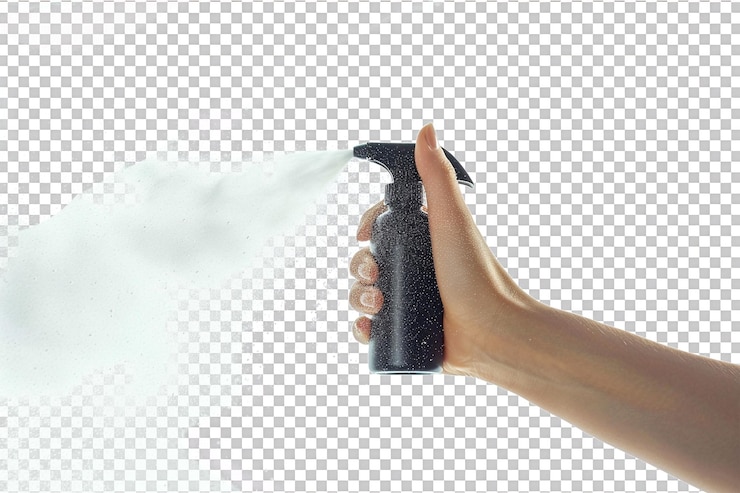 PSD tangan wanita memegang botol semprot terisolasi pada latar belakang transparan