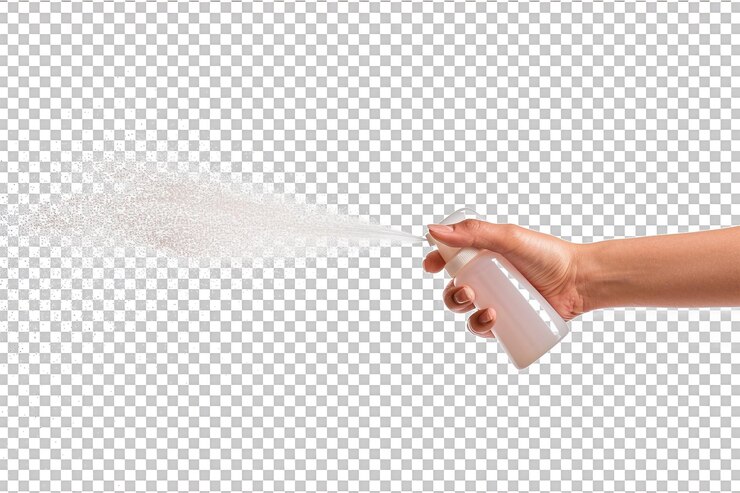 PSD tangan wanita memegang botol semprot terisolasi pada latar belakang transparan