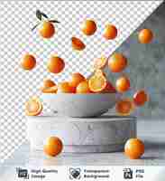 PSD tangerinas cayendo en un cuenco y formas geométricas maqueta de podio con espacio de copia en transparente