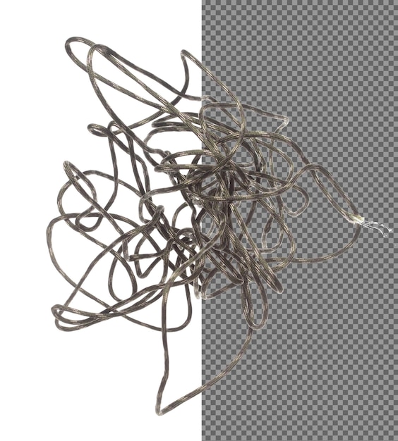 Tangle Mess Komplizierte Kletterseile Rollen fliegen in der Luft Starke Sicherheit Kletternseile für Sport Berghobby brauchen Sicherheitsgeräte zum Verriegeln Halte Gewicht des Kletterns Seil Weißer Hintergrund isoliert