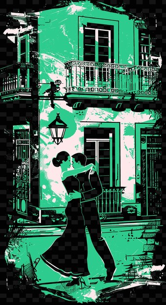 PSD tango-tänzer in einer straße von buenos aires mit geschmiedeten eisenballen illustration musik poster designs